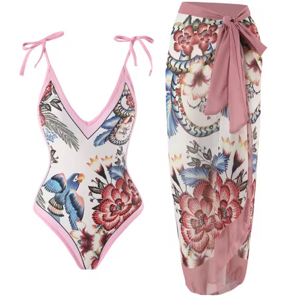NWOT IDOPIP One Piece Swimsuit + Sarong Set M Floral Retro